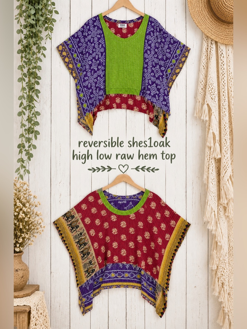🐘 Shes1oak Reversible Kantha High Low Raw Hem Boho Top (One Size)